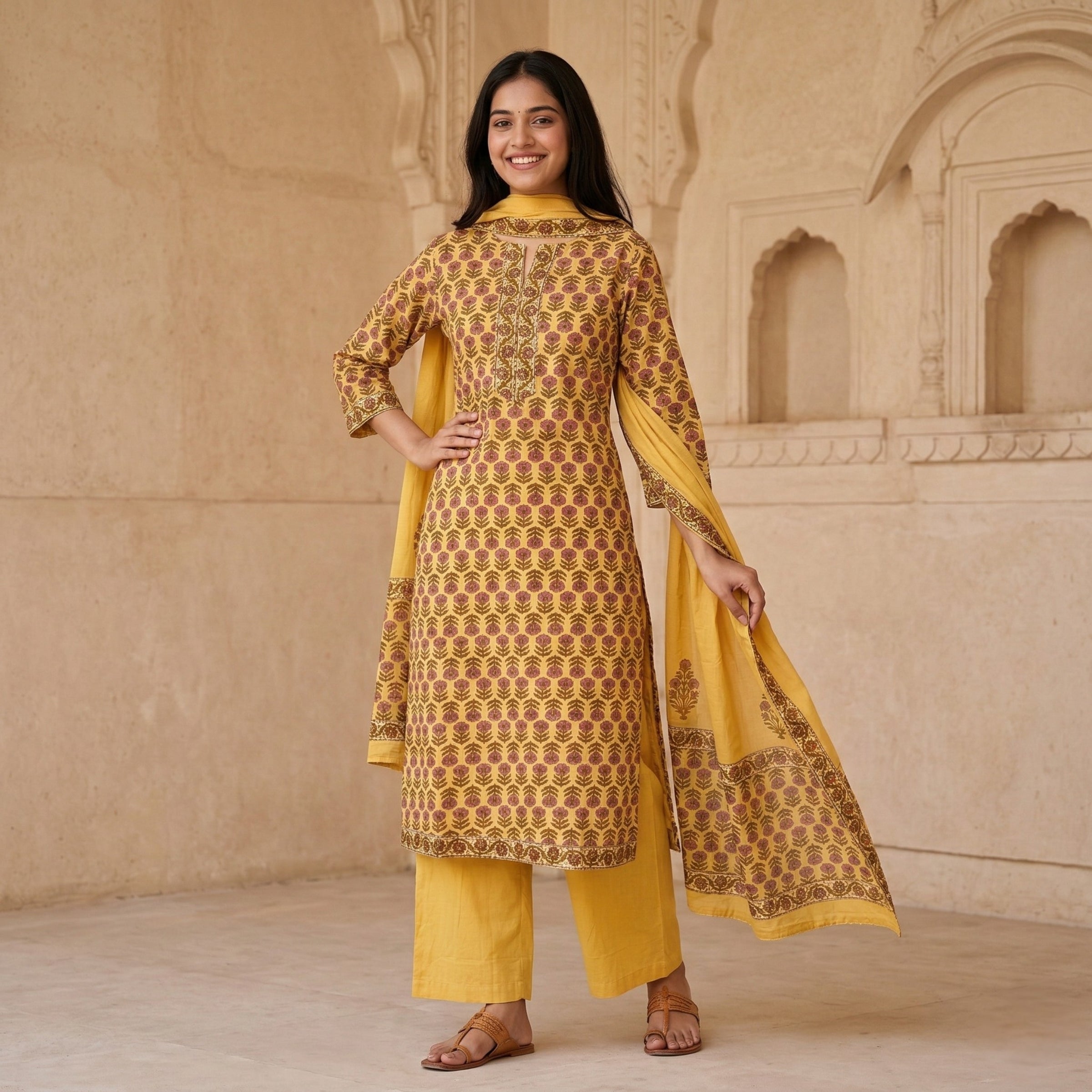 Mustard Bloom Cotton 3 Pc Suit Set