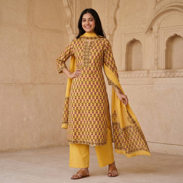 Mustard Bloom Cotton 3 Pc Suit Set