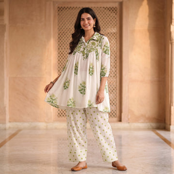 Aarna Ivory and Green Floral Mul Cotton Co-ord Set