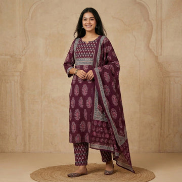 Ruhani Purple Printed Cotton Suit Set