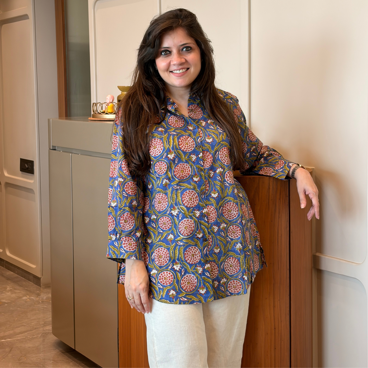 Neelambari Blue Hand Block Cotton Shirt