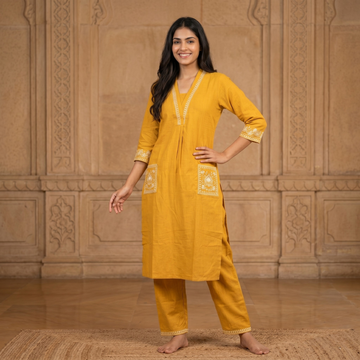Vasudha Mustard Cotton Kurta Set