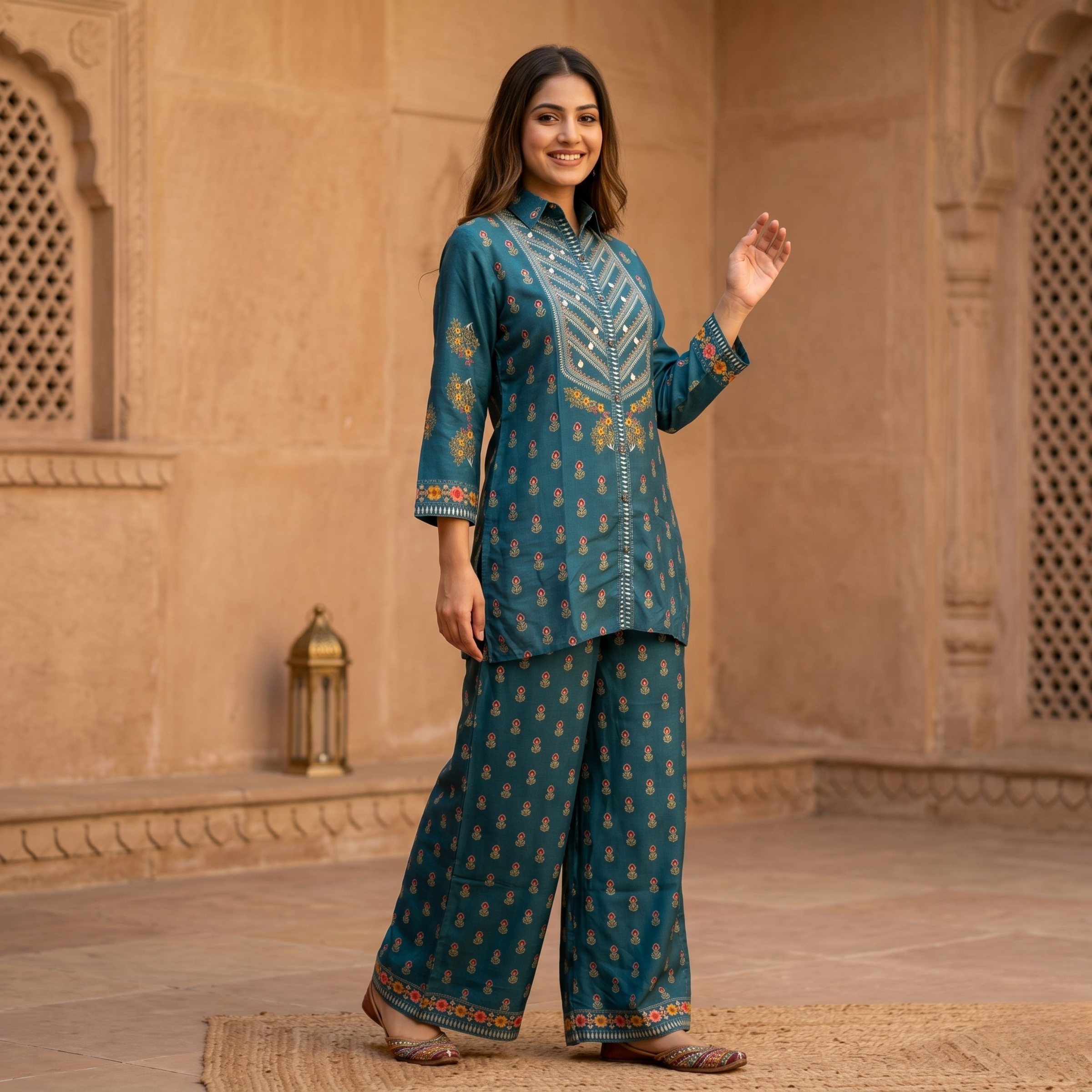 Royal Blue Printed Kurta Palazzo Set