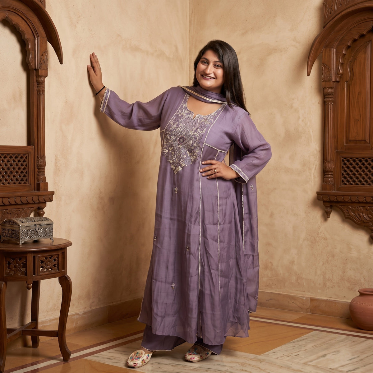 Lavender Mul Chanderi A-Line Suit Set