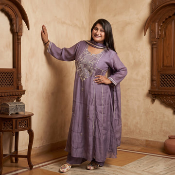 Lavender Mul Chanderi A-Line Suit Set