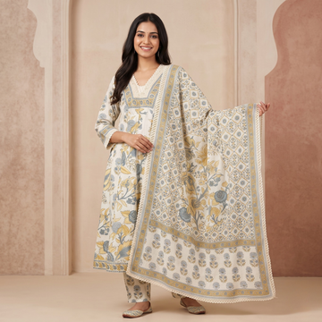 Aarika Blue & Mustard Floral Cotton Suit Set