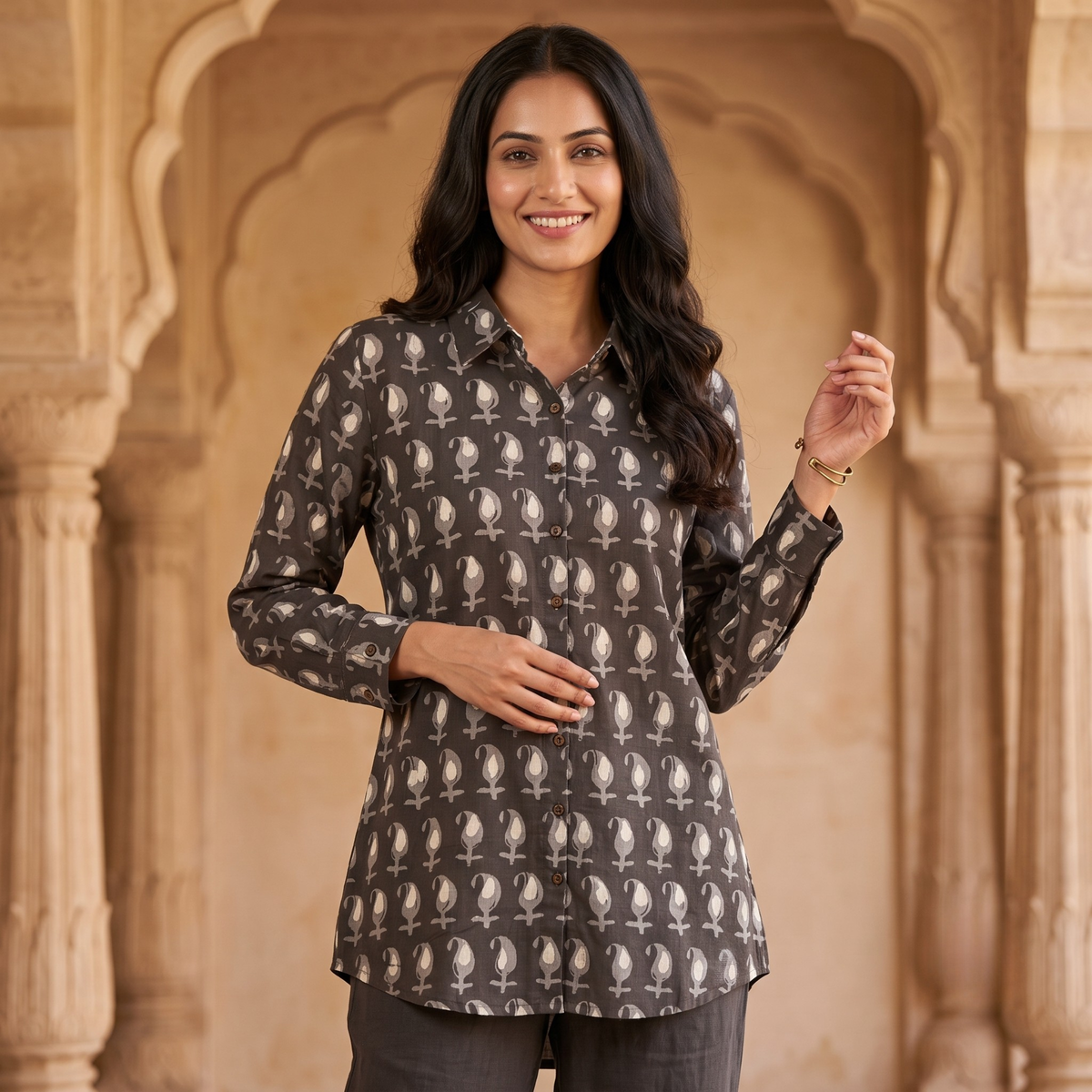 Mitti Charcoal Hand Block Print Cotton Shirt
