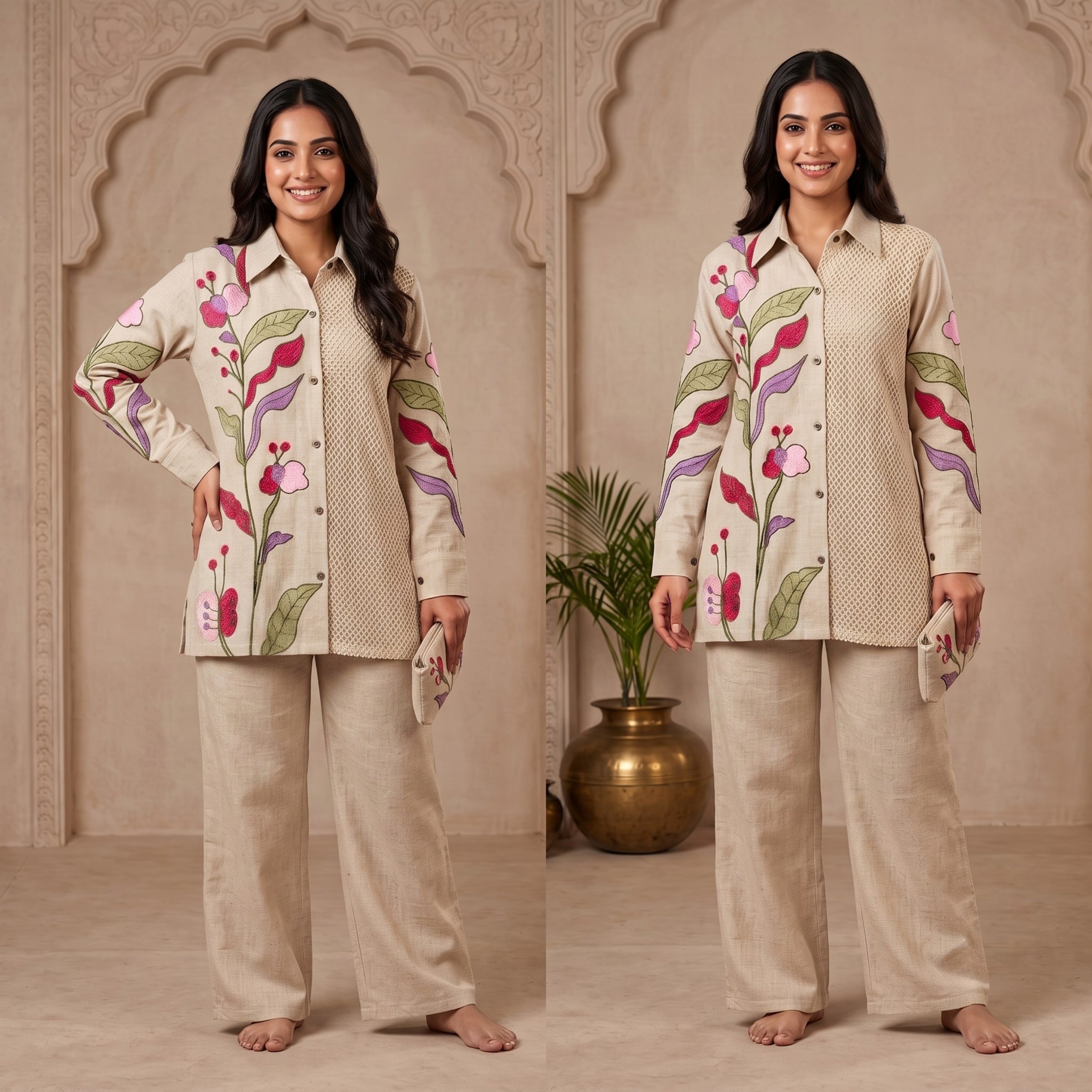 Vareesha Beige Embroidered Cotton Co-ord Set