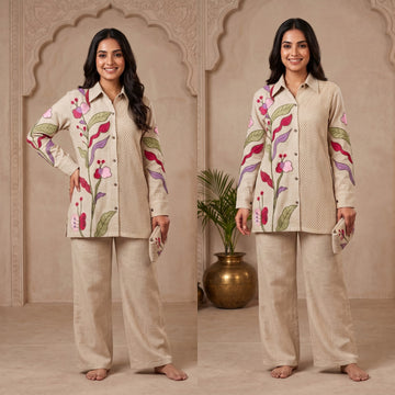 Vareesha Beige Embroidered Cotton Co-ord Set