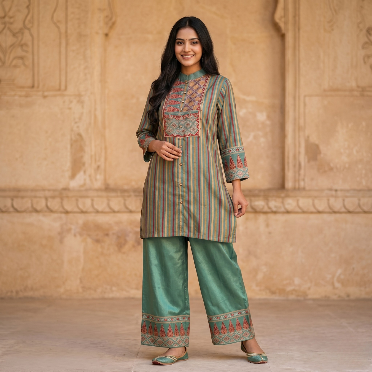 Green Heritage Stripe Kurta Palazzo Set