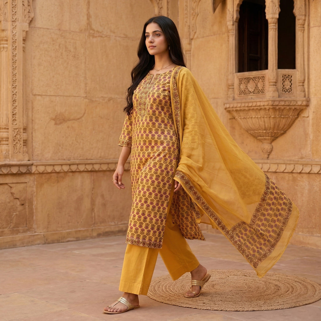 Mustard Bloom Cotton 3 Pc Suit Set