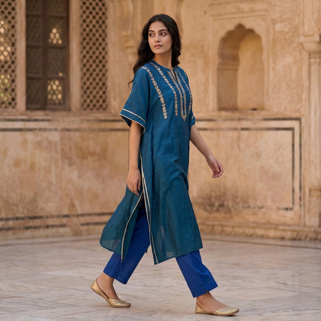 Teal Ombre Noor Chanderi Silk 3 Pc Suit Set