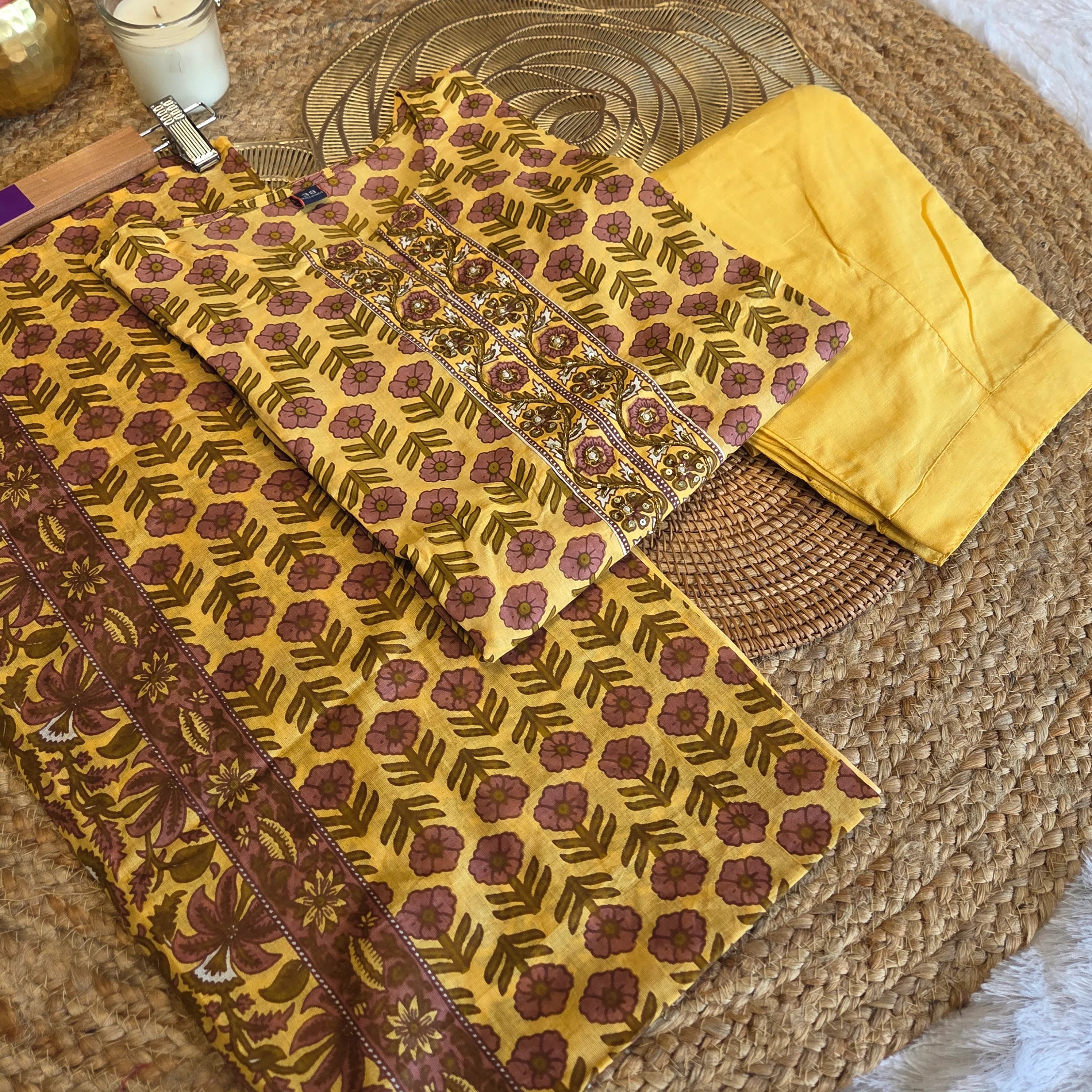Mustard Bloom Cotton 3 Pc Suit Set