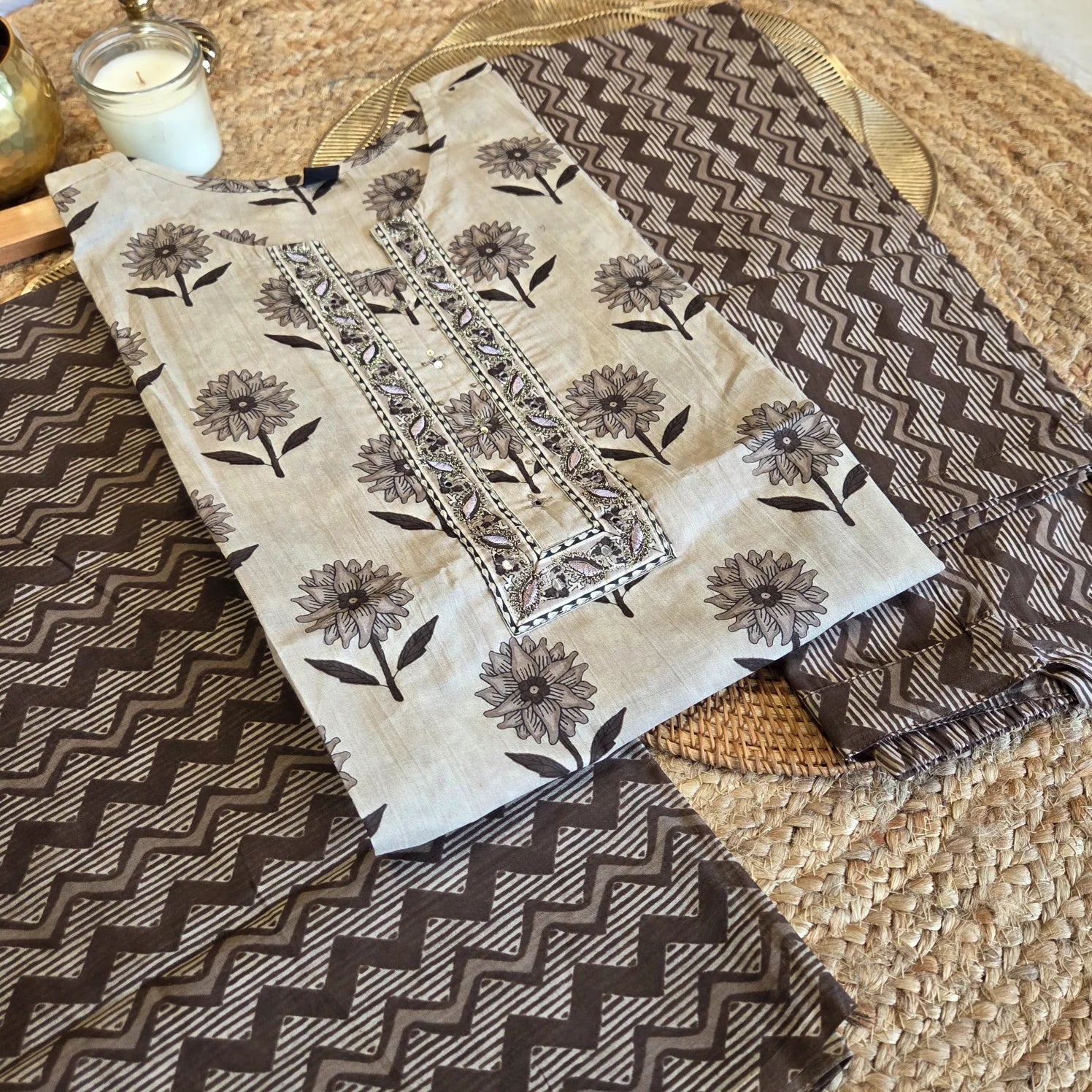 Grey Noir Printed Dupatta Set
