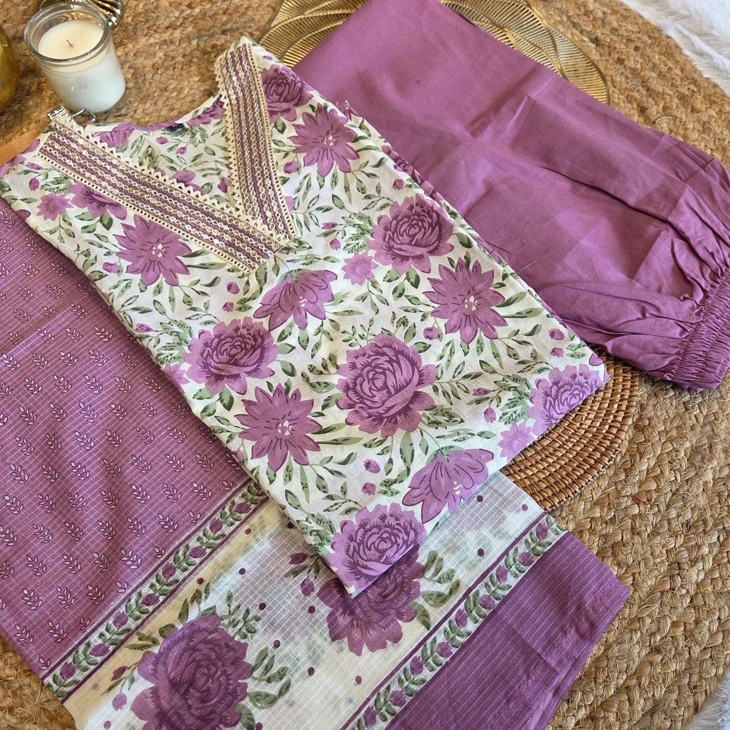 Aabha Lilac Cotton Suit Set (Kota Dupatta)