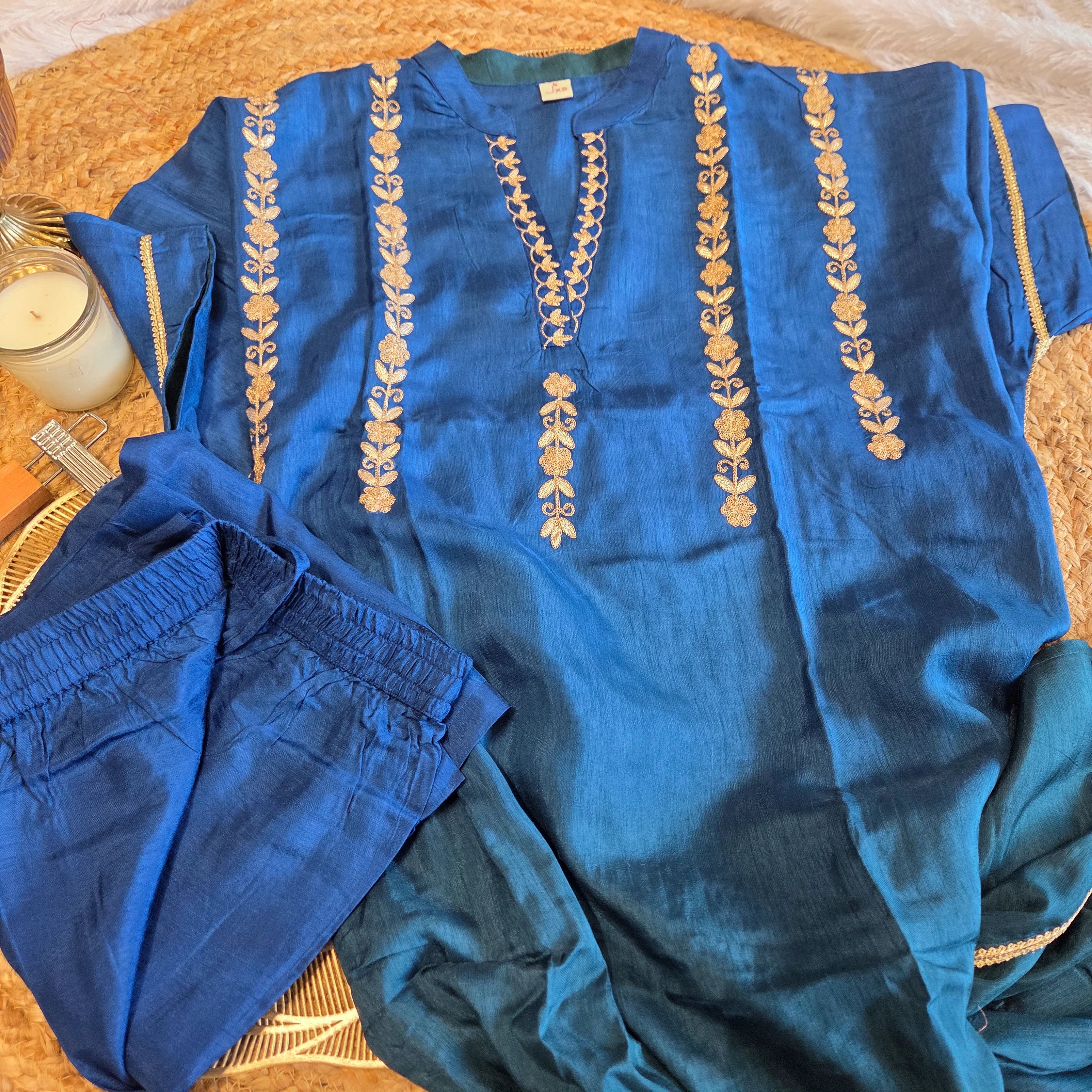 Teal Ombre Noor Chanderi Silk 3 Pc Suit Set