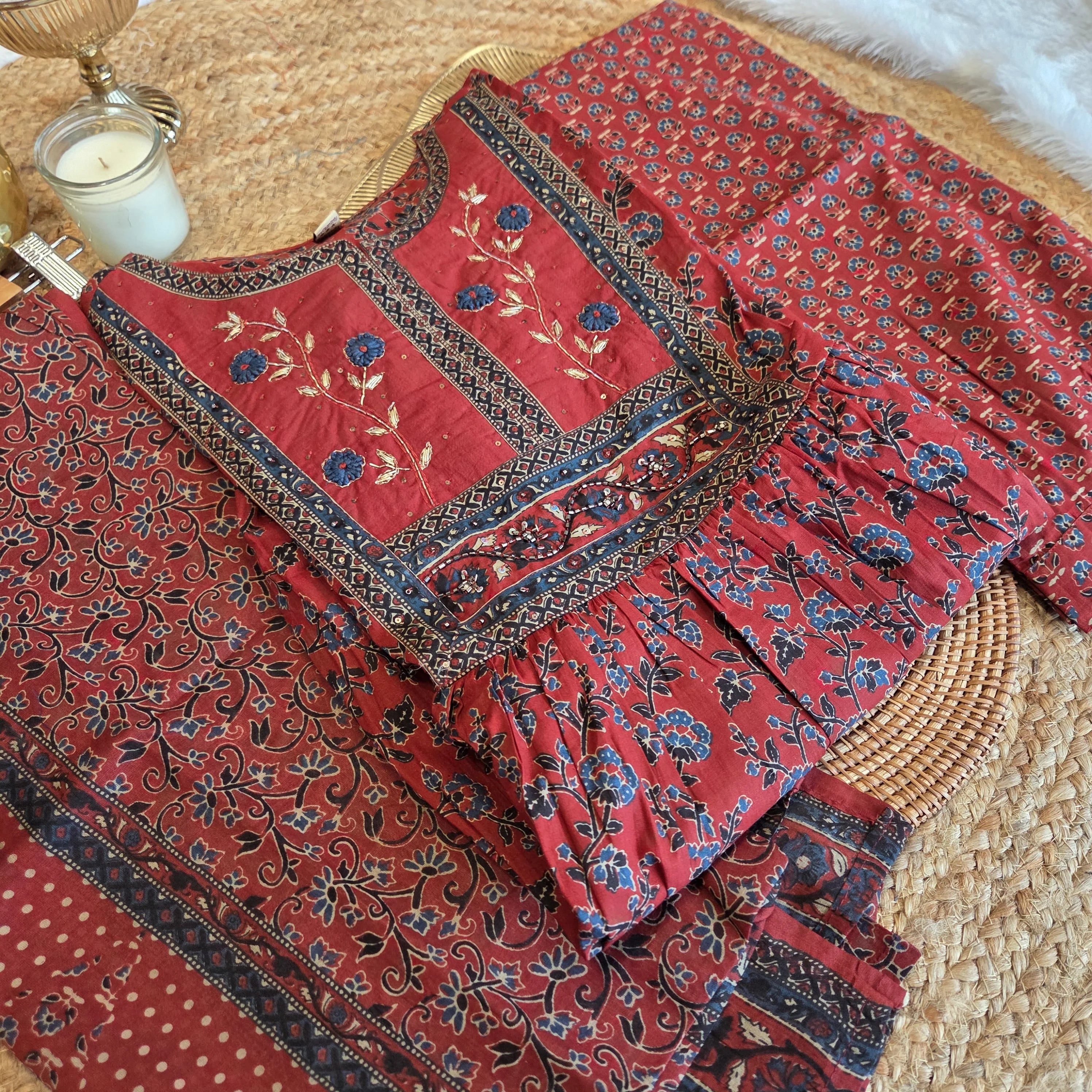 Maroon Floral Cotton 3 Pc Suit Set
