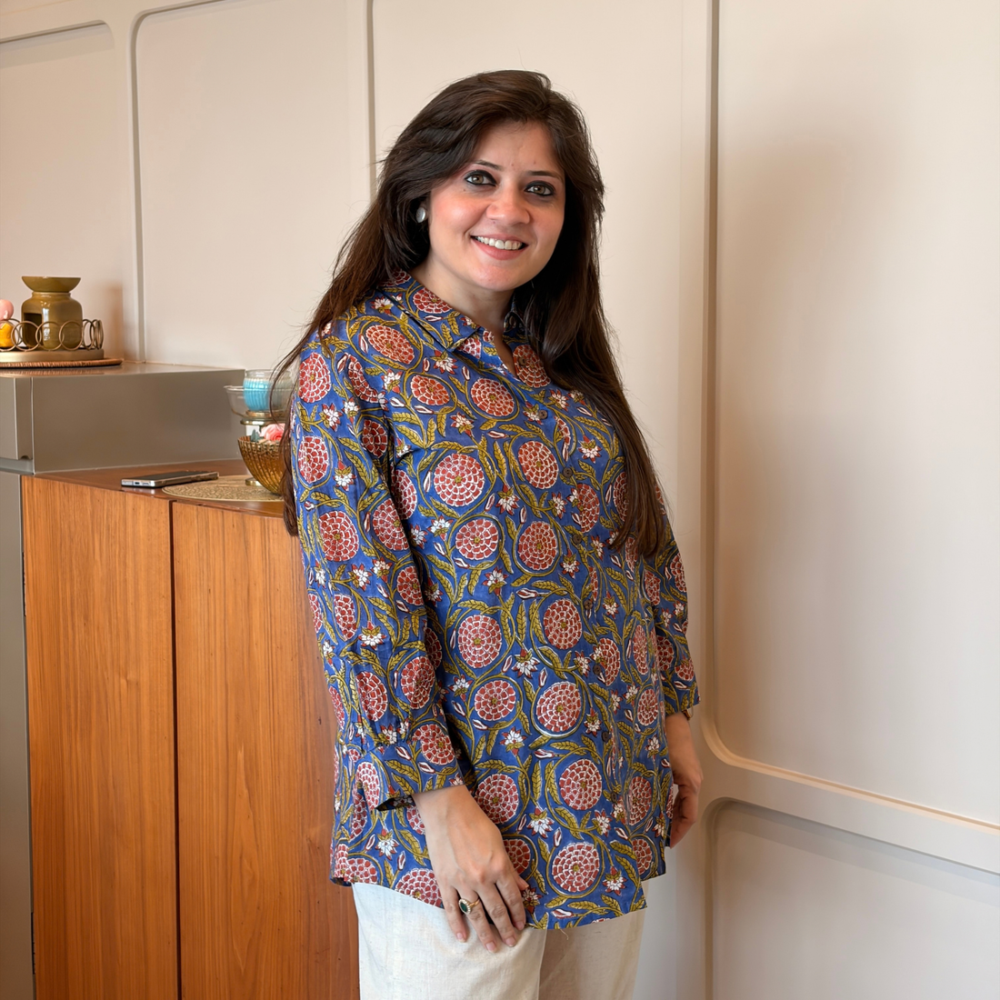Neelambari Blue Hand Block Cotton Shirt