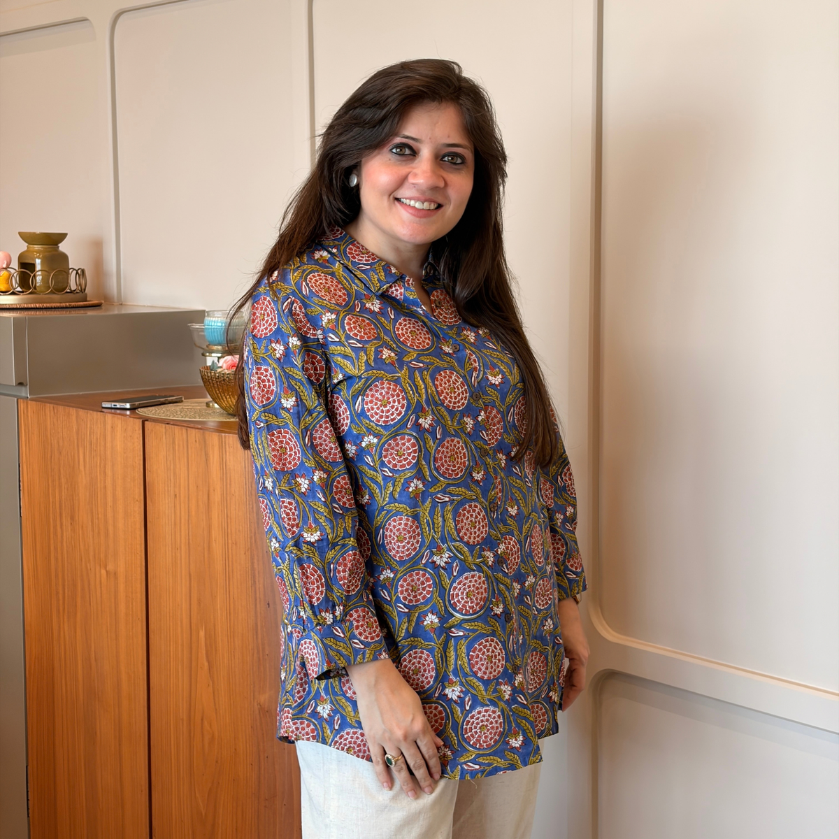 Neelambari Blue Hand Block Cotton Shirt