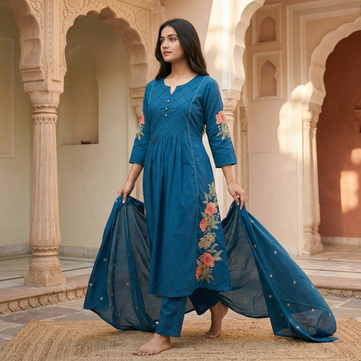 Vanya Teal Embroidered 3-Piece Set
