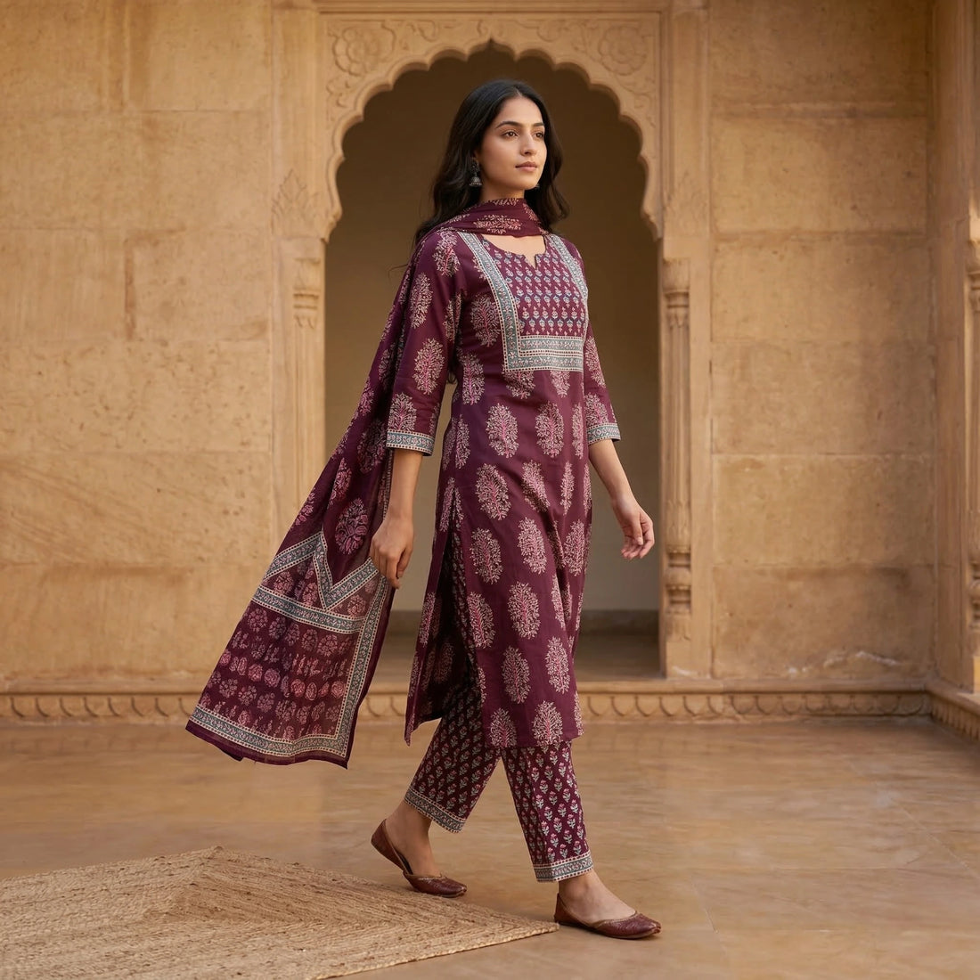 Ruhani Purple Printed Cotton Suit Set