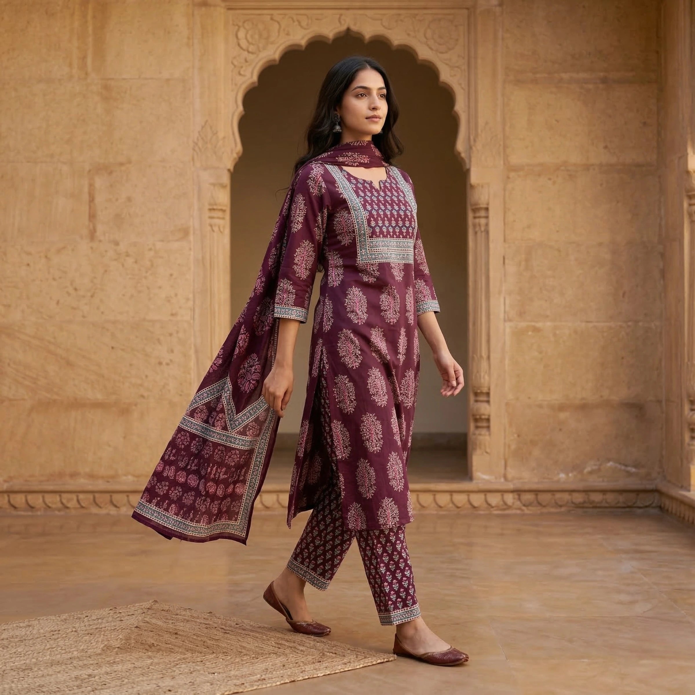 Ruhani Purple Printed Cotton Suit Set
