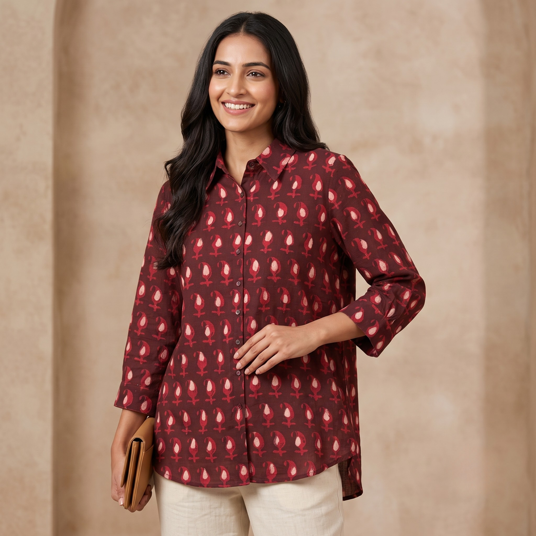 Mitti Maroon Hand Block Print Cotton Shirt