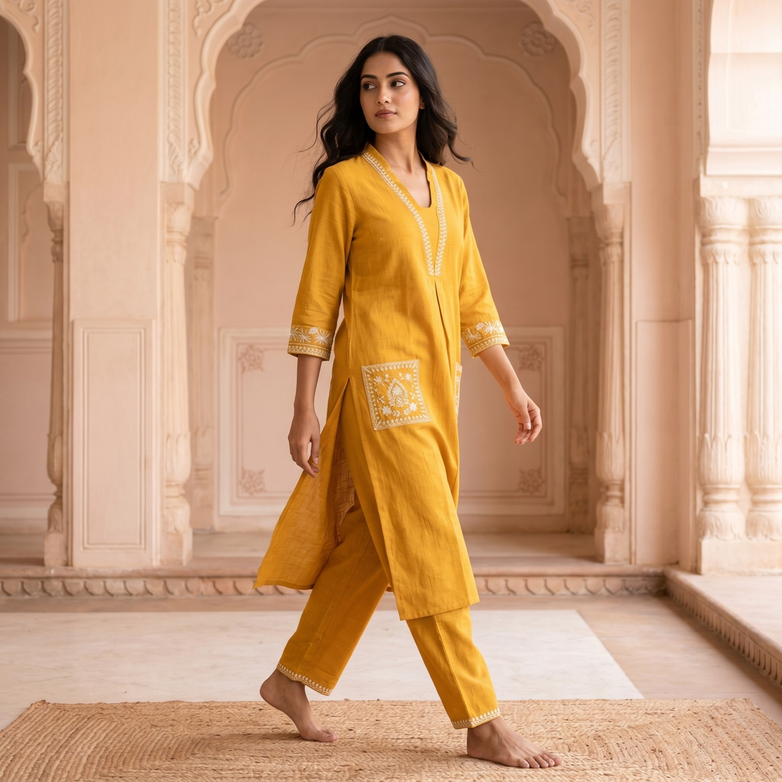 Vasudha Mustard Cotton Kurta Set