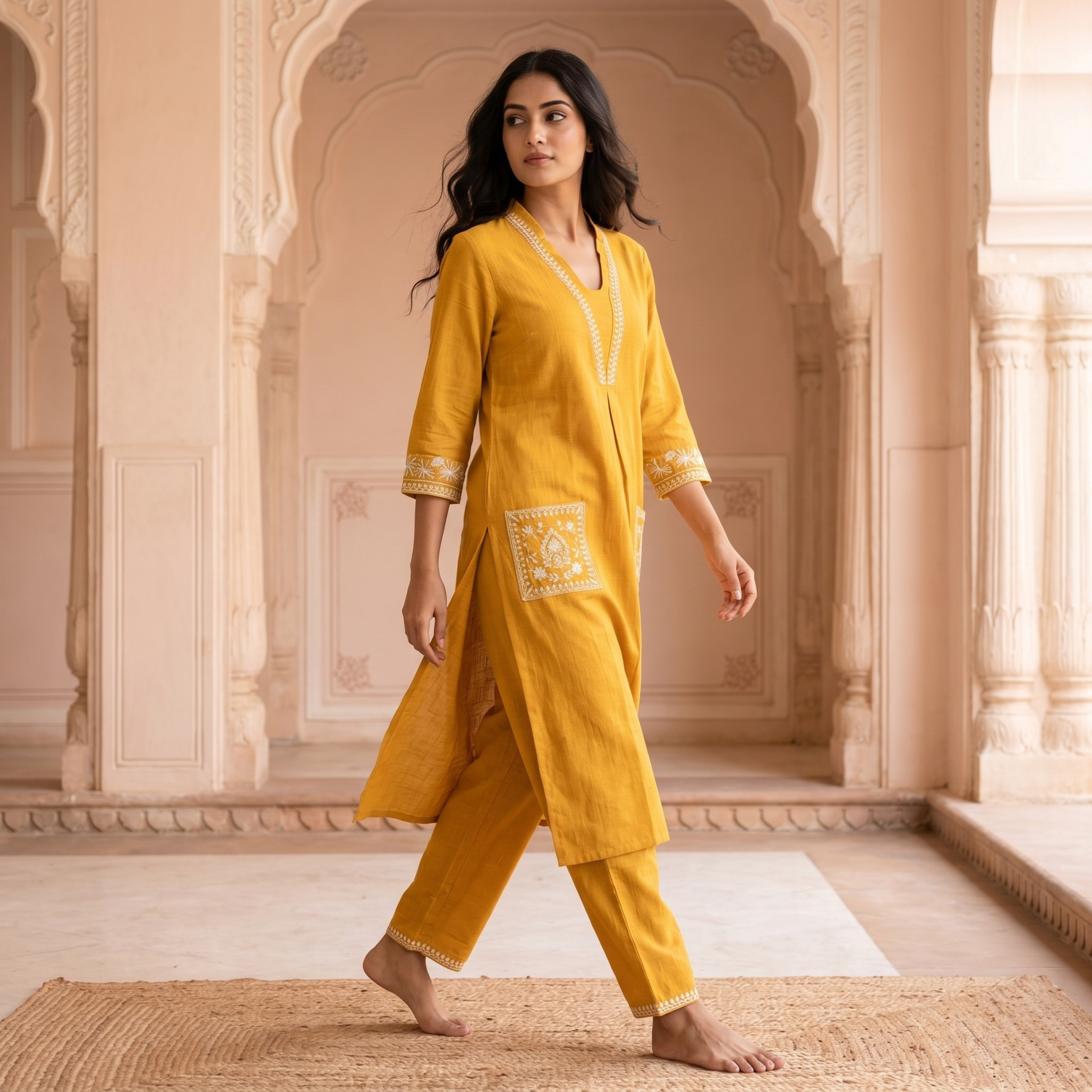 Vasudha Mustard Cotton Kurta Set
