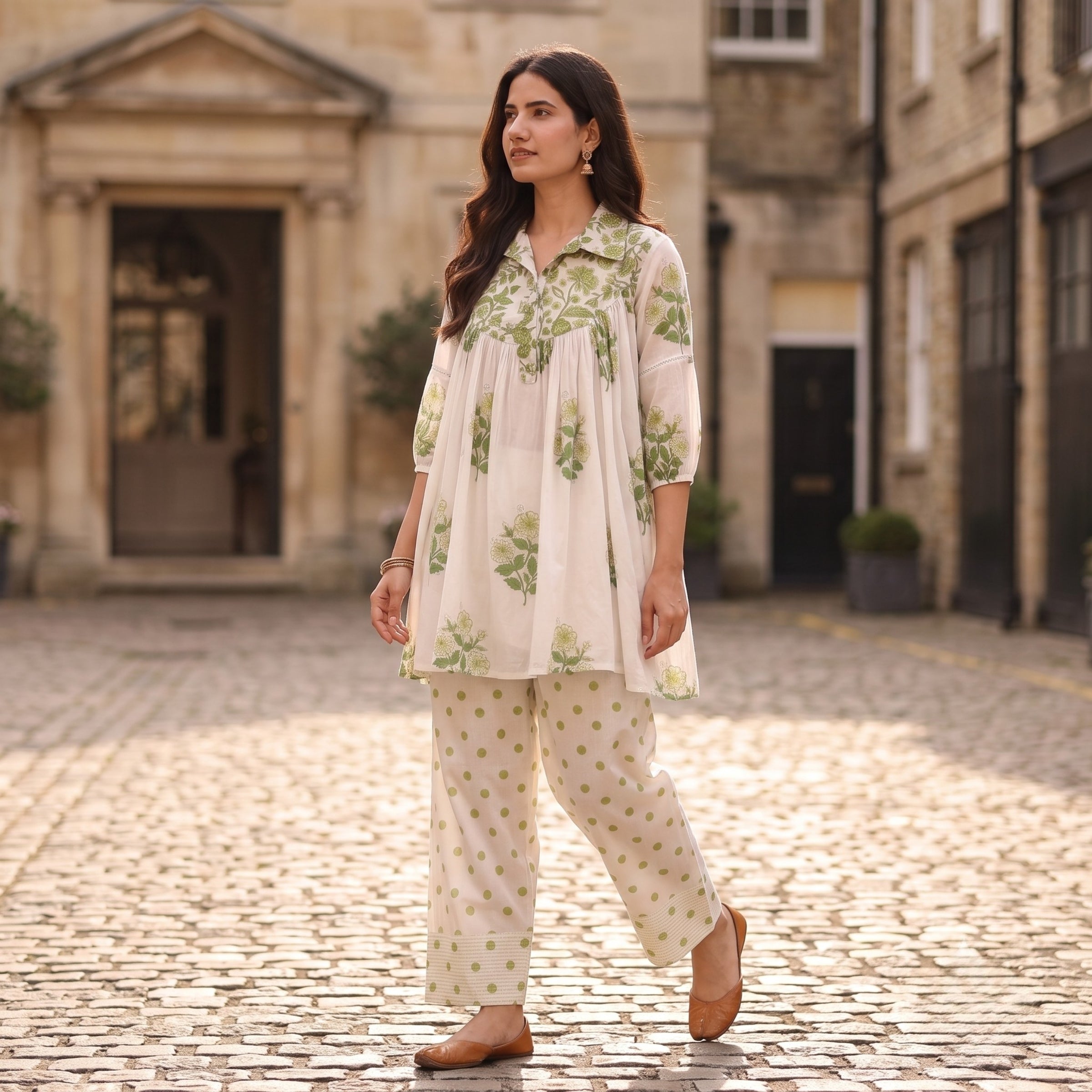 Aarna Ivory and Green Floral Mul Cotton Co-ord Set