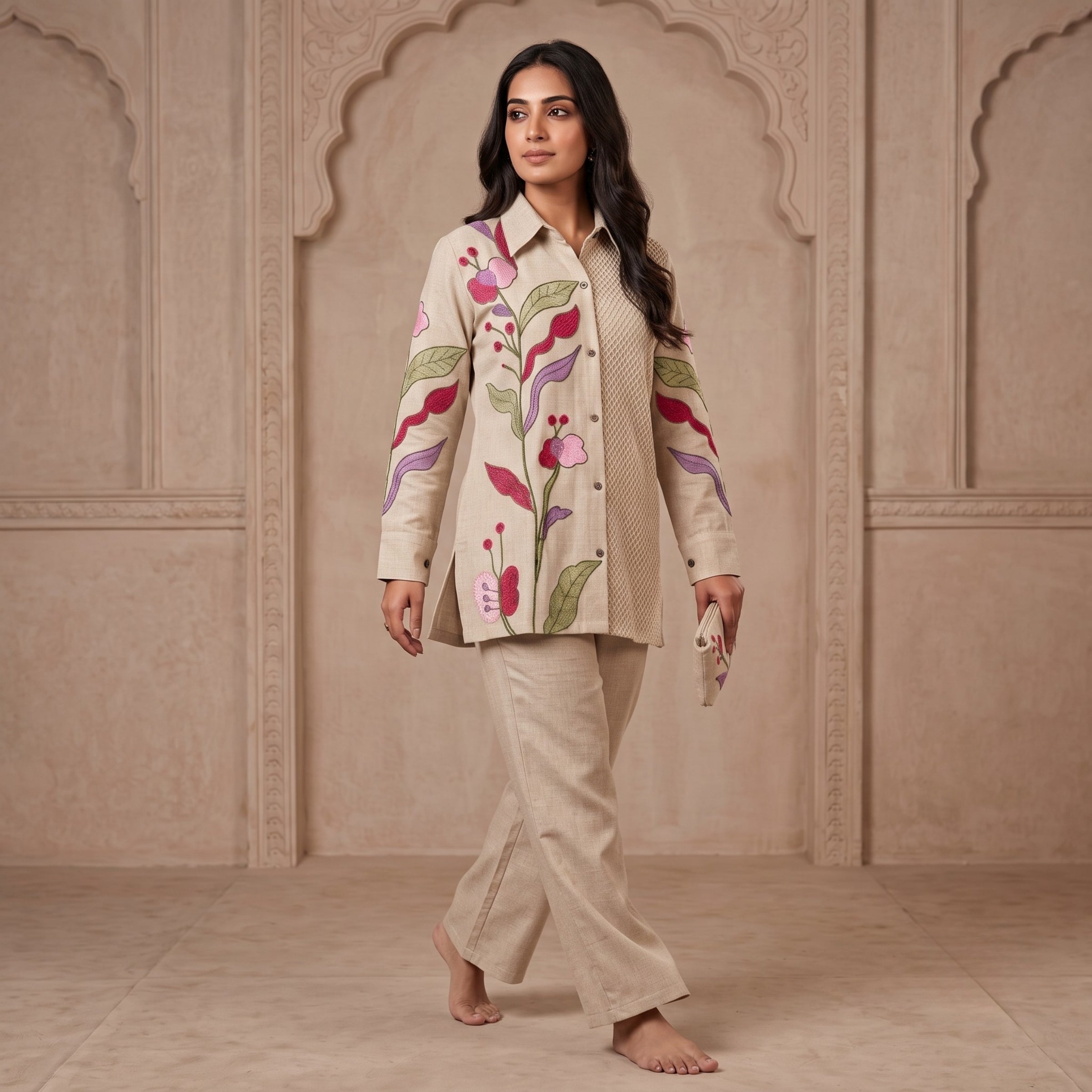 Vareesha Beige Embroidered Cotton Co-ord Set