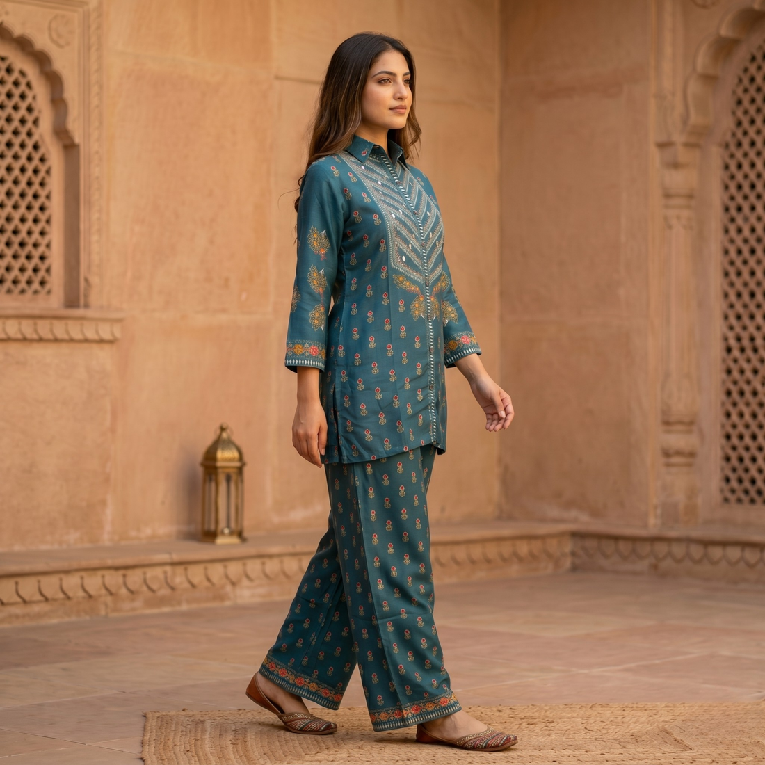 Royal Blue Printed Kurta Palazzo Set