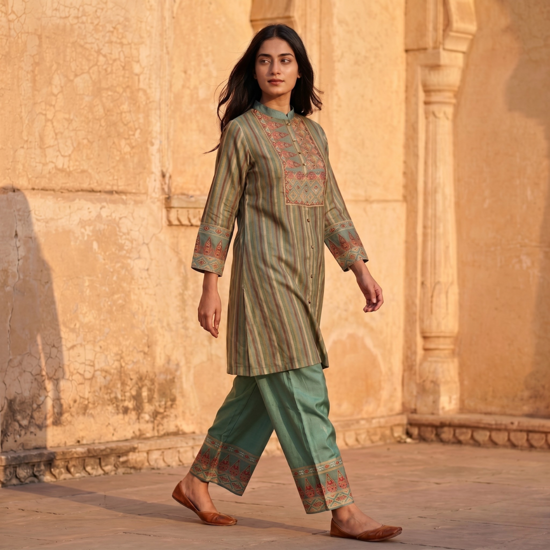 Green Heritage Stripe Kurta Palazzo Set
