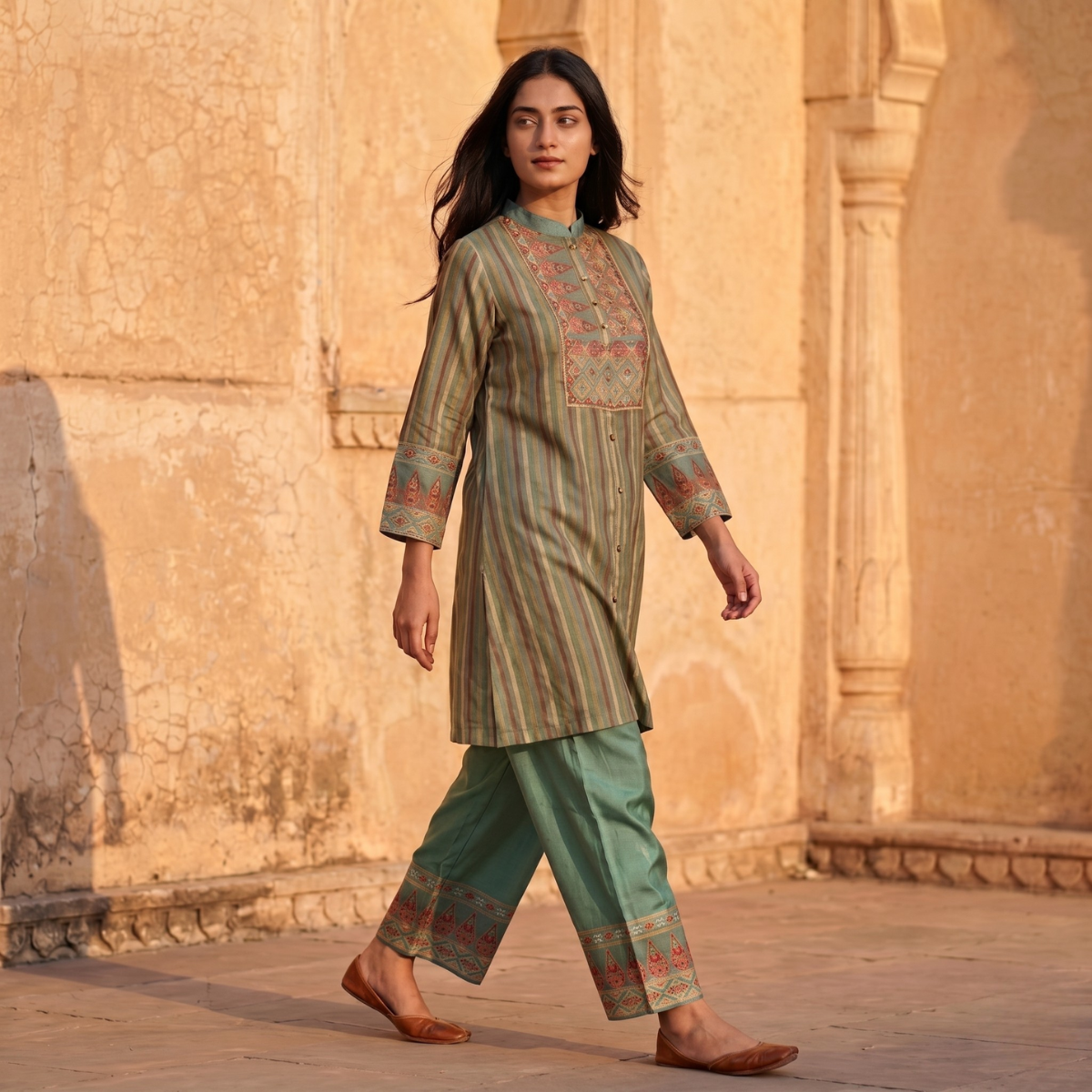 Green Heritage Stripe Kurta Palazzo Set