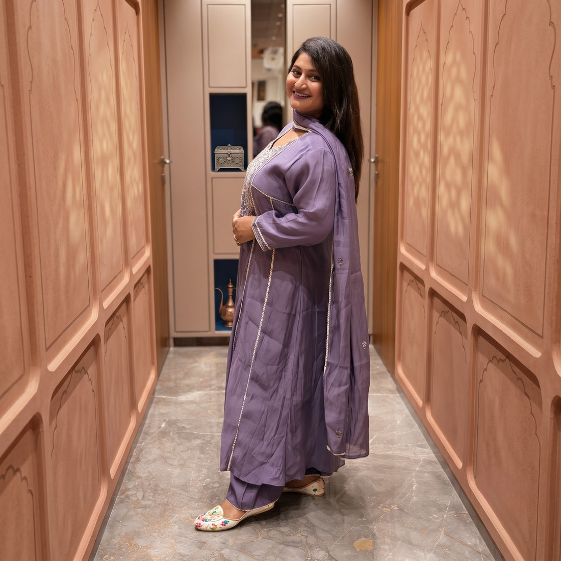 Lavender Mul Chanderi A-Line Suit Set