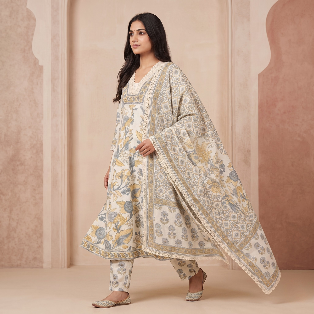 Aarika Blue & Mustard Floral Cotton Suit Set
