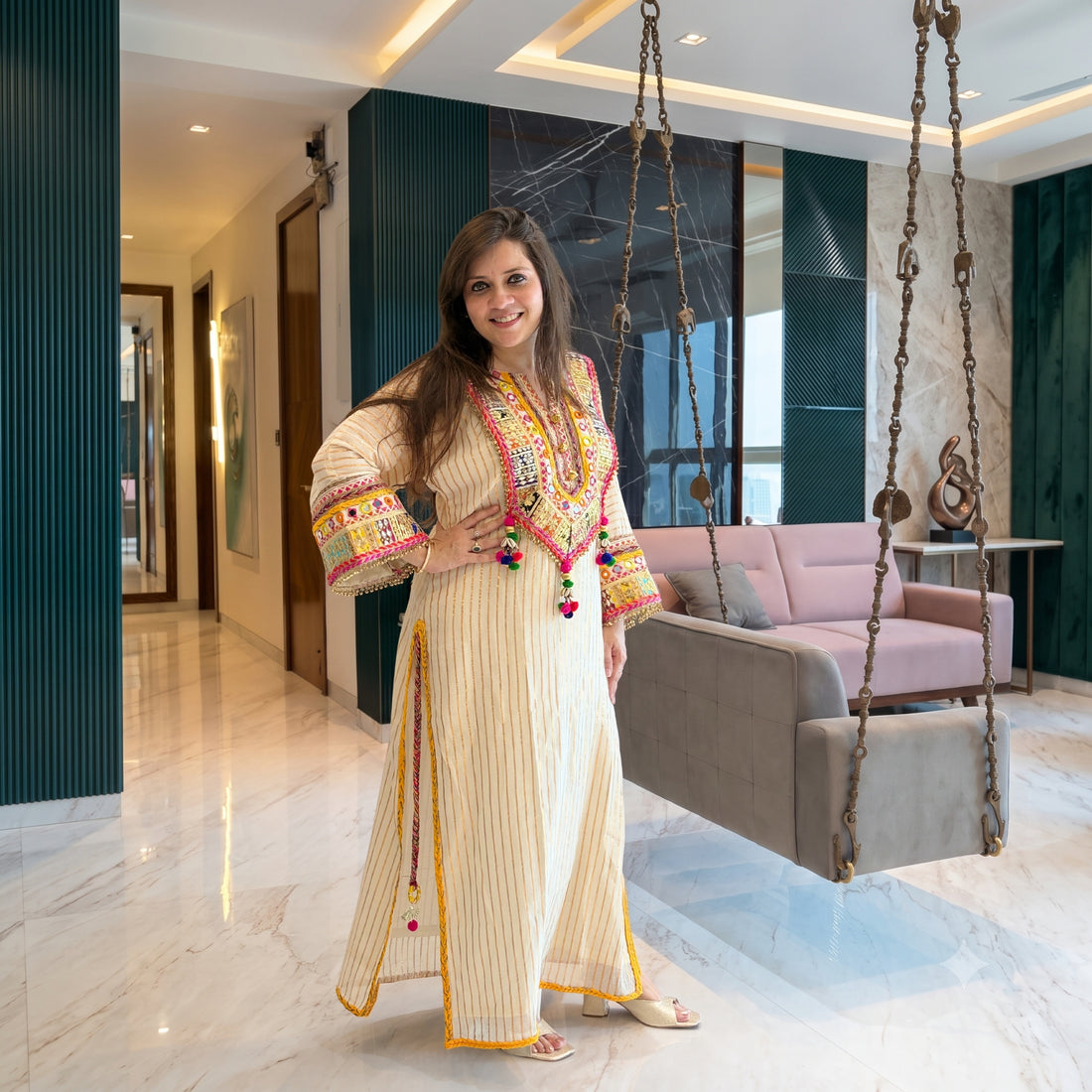 Rangrez Ivory Mul Cotton Choga Set