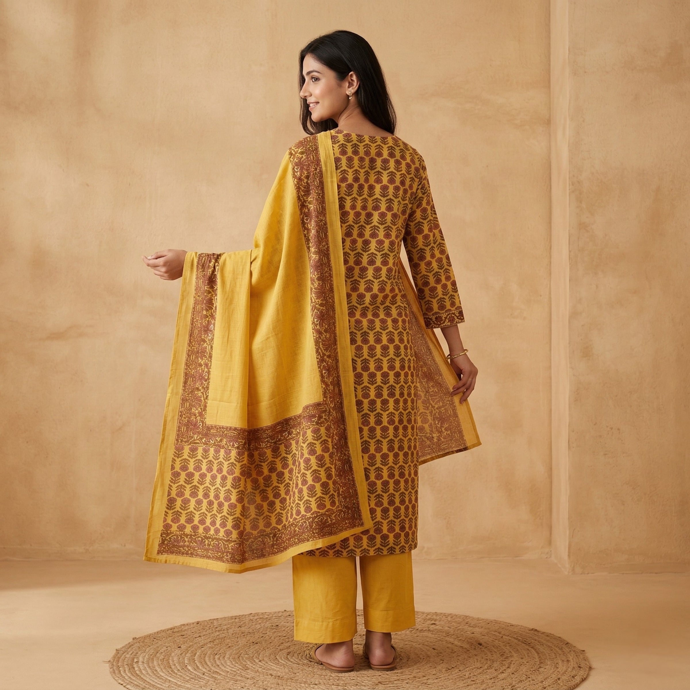 Mustard Bloom Cotton 3 Pc Suit Set