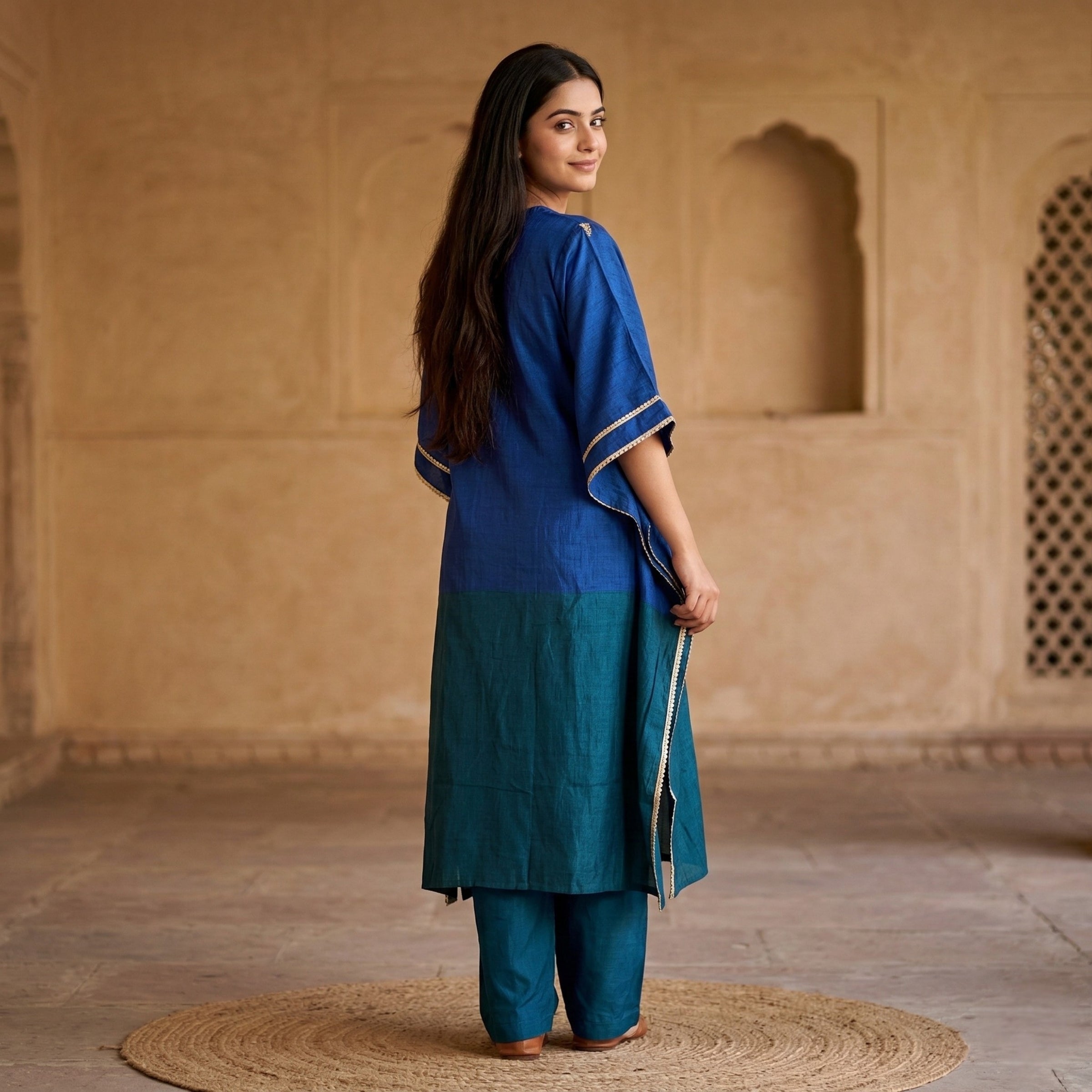 Teal Ombre Noor Chanderi Silk 3 Pc Suit Set