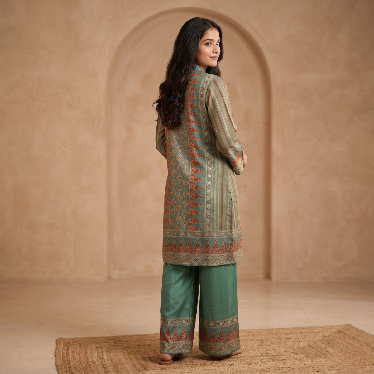 Green Heritage Stripe Kurta Palazzo Set
