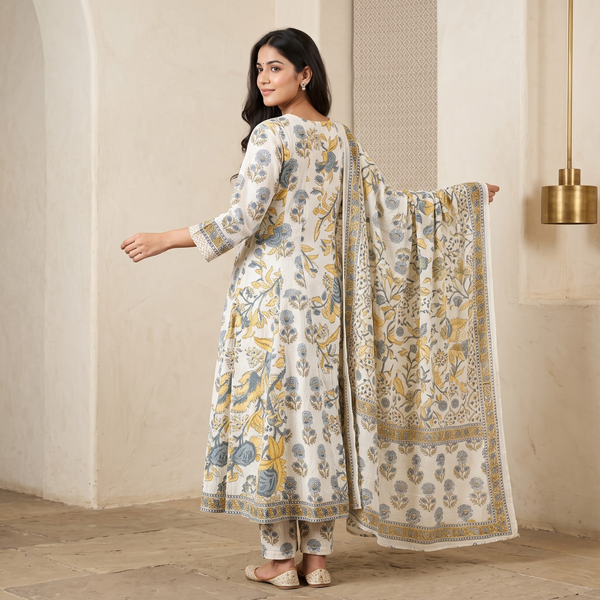 Aarika Blue & Mustard Floral Cotton Suit Set