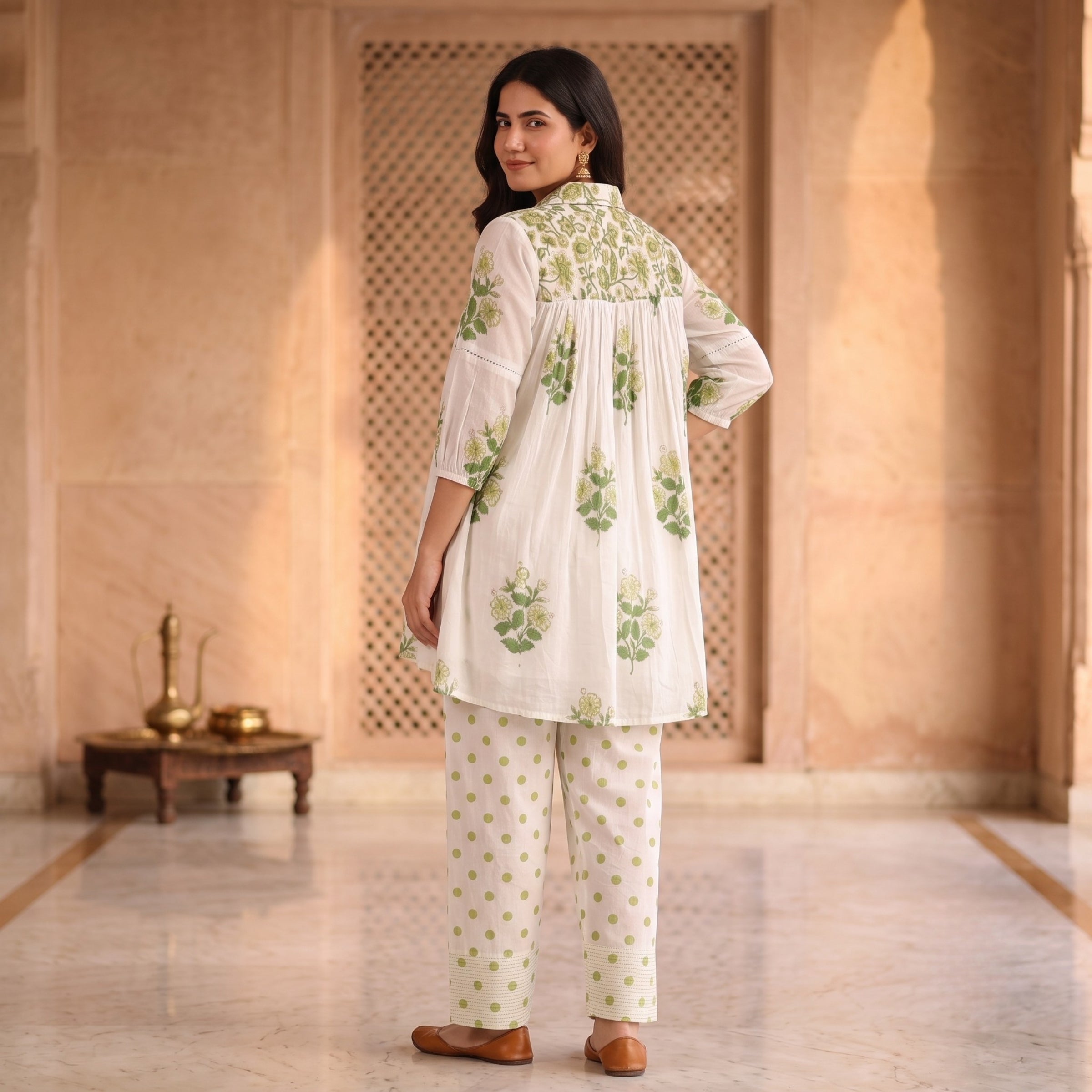 Aarna Ivory and Green Floral Mul Cotton Co-ord Set