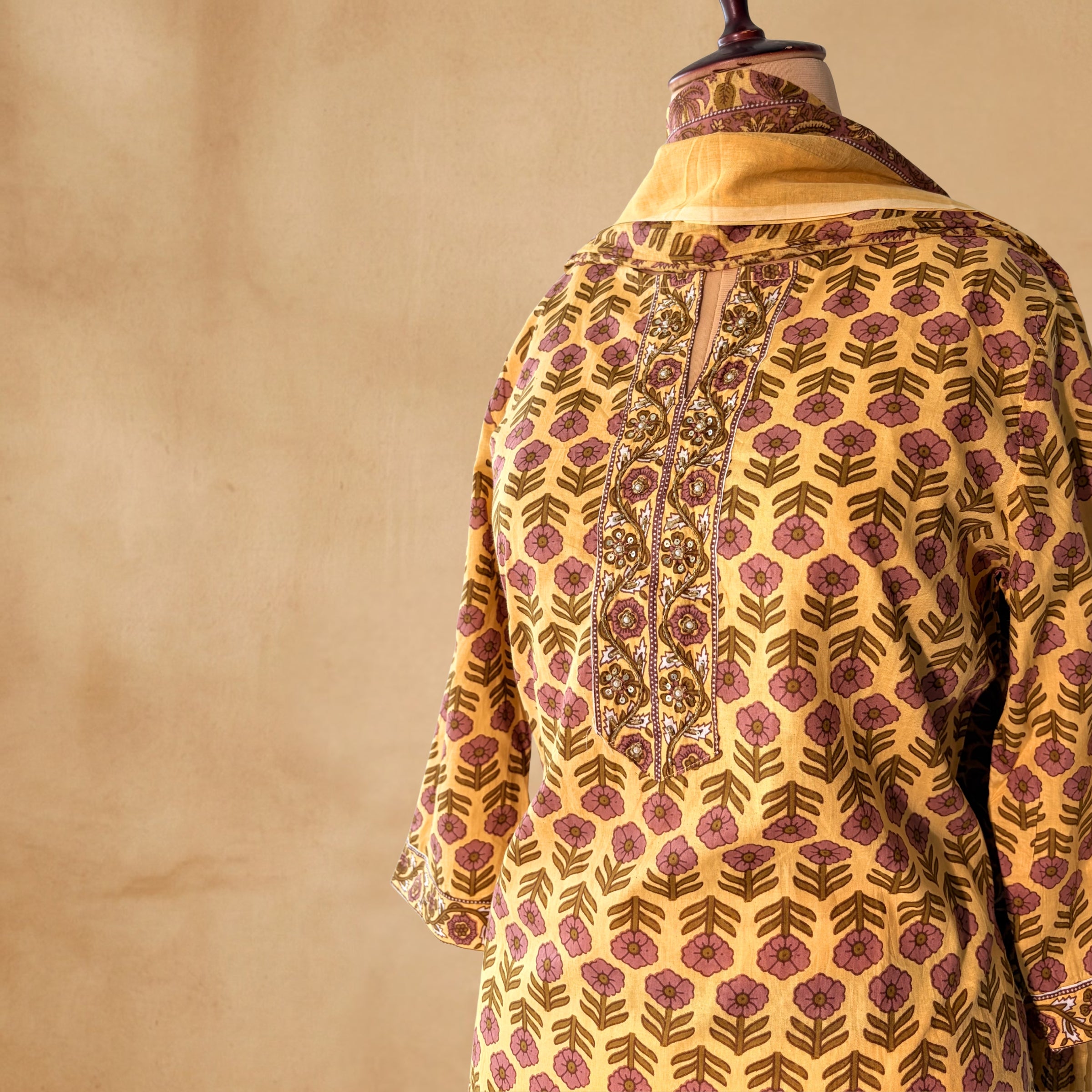 Mustard Bloom Cotton 3 Pc Suit Set