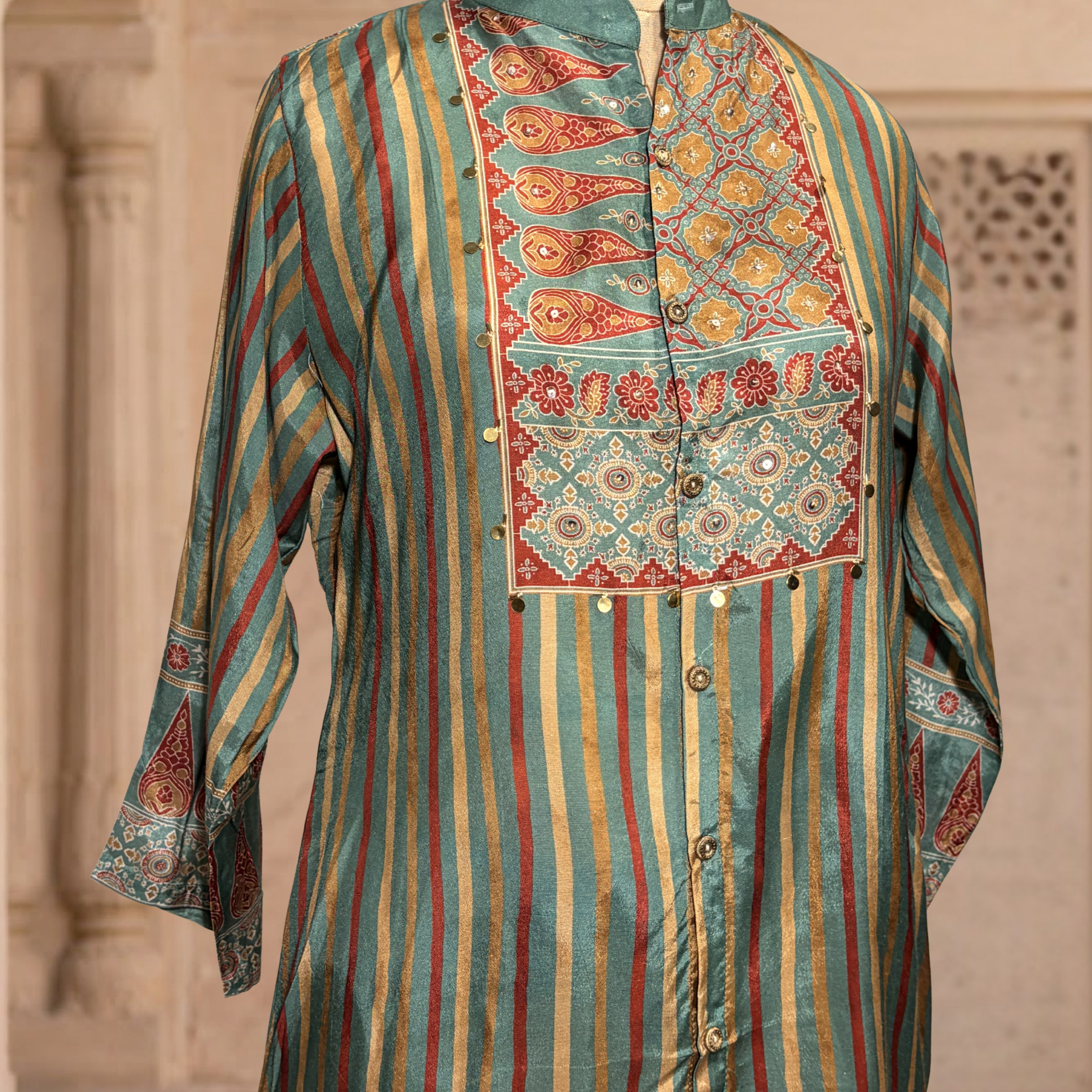 Green Heritage Stripe Kurta Palazzo Set