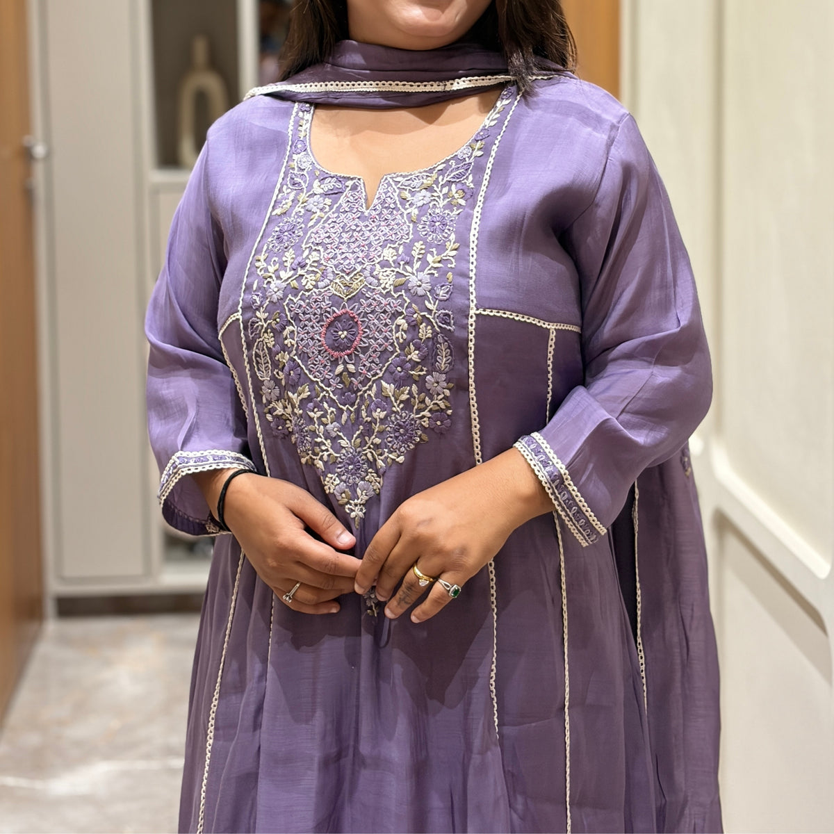Lavender Mul Chanderi A-Line Suit Set