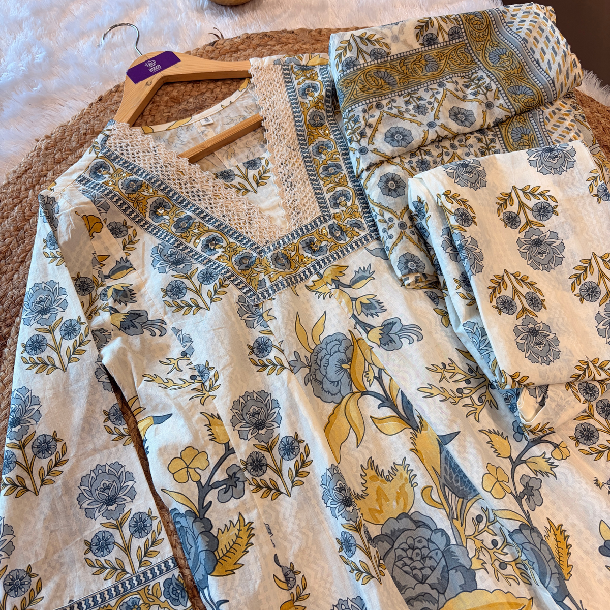 Aarika Blue & Mustard Floral Cotton Suit Set
