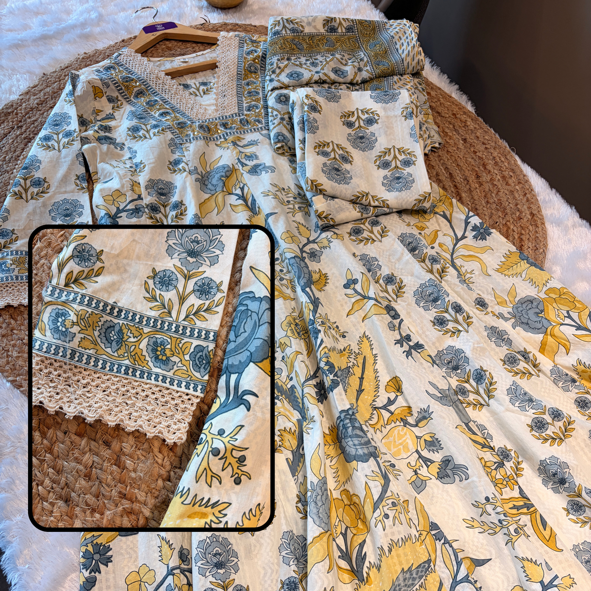 Aarika Blue & Mustard Floral Cotton Suit Set