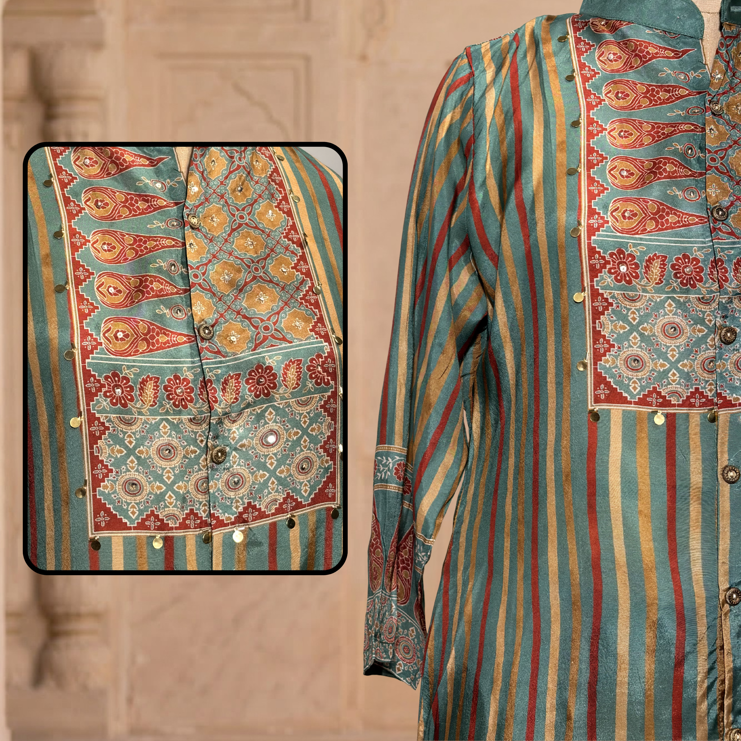 Green Heritage Stripe Kurta Palazzo Set