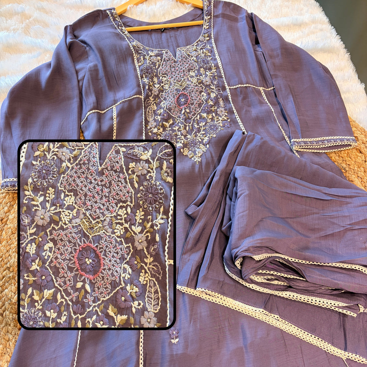 Lavender Mul Chanderi A-Line Suit Set