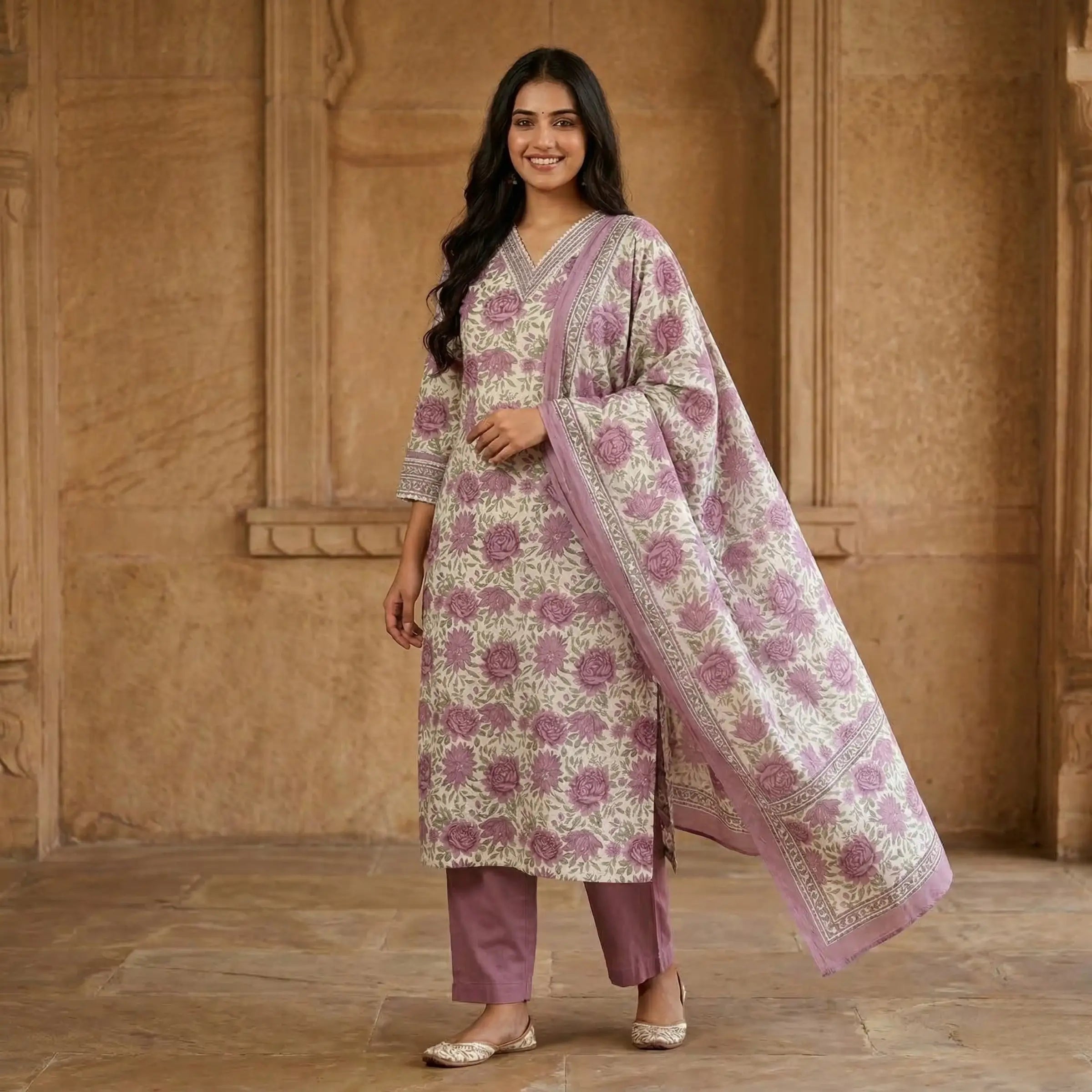 Aabha Lilac Cotton Suit Set (Kota Dupatta)